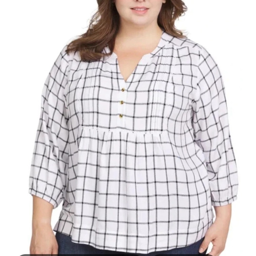 Wrangler Womens XL White Black Grid Pintuck Babydoll 3/4 Sleeve Top 1815407